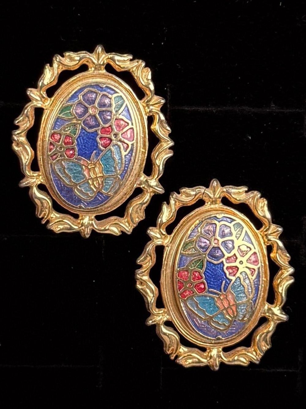 Vintage Goldtone Enamel Cloisonné Butterfly Floral Weighted Pierced Earrings